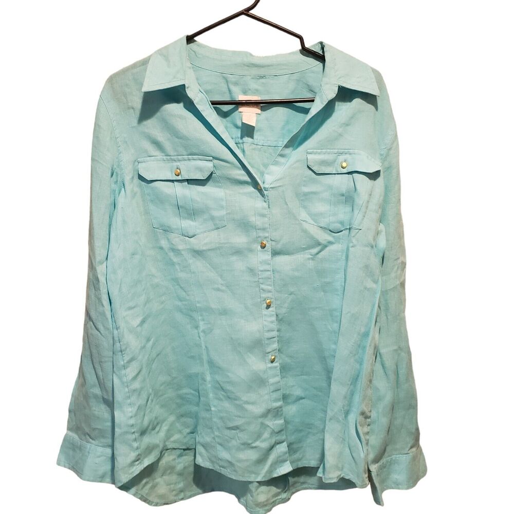 Chicos 1 Long Sleeve Light Aqua Shirt Blouse 100% Linen